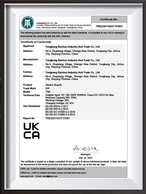 Electric Folding Bike Certificate